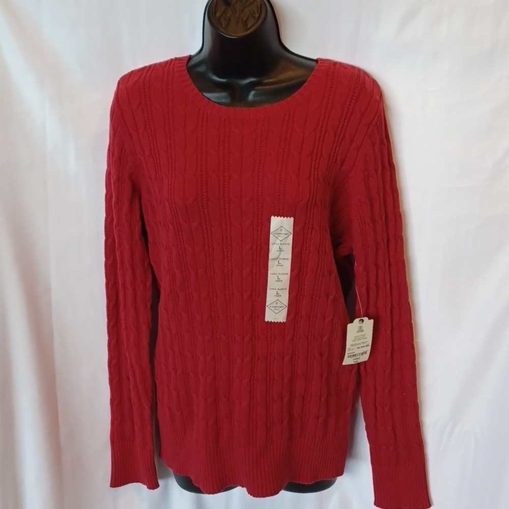 NWT St Johns Bay Classic Knit Sweater, cotton blend, Red Pepper, L